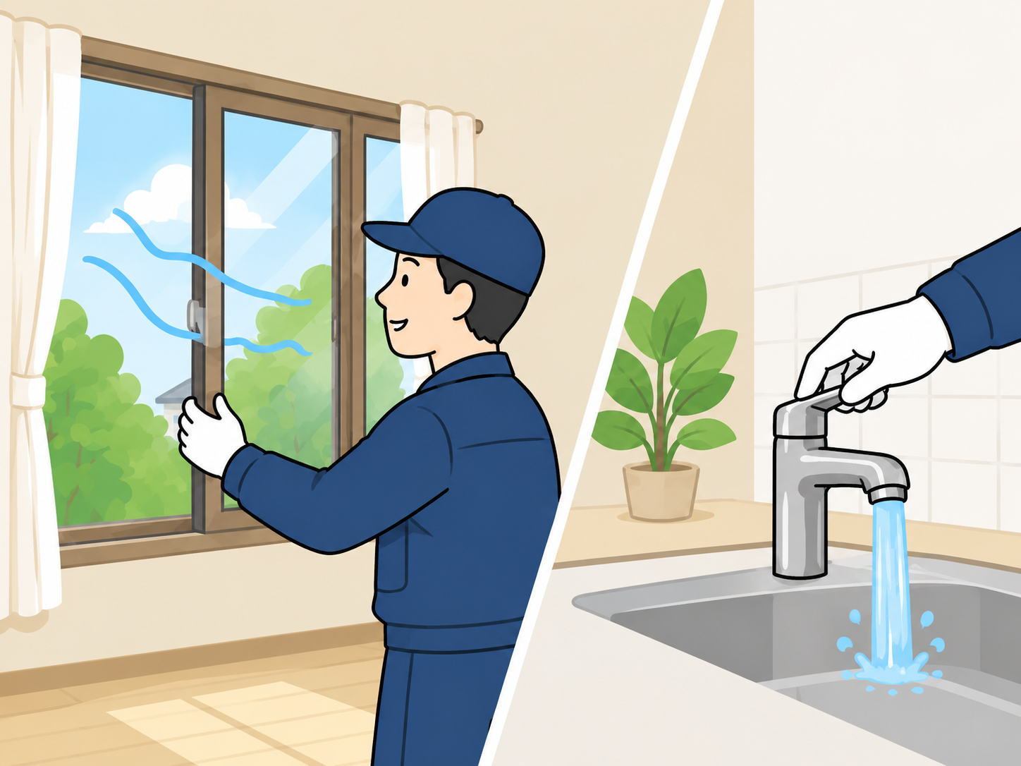 窓を開けて換気し、蛇口から通水するスタッフ