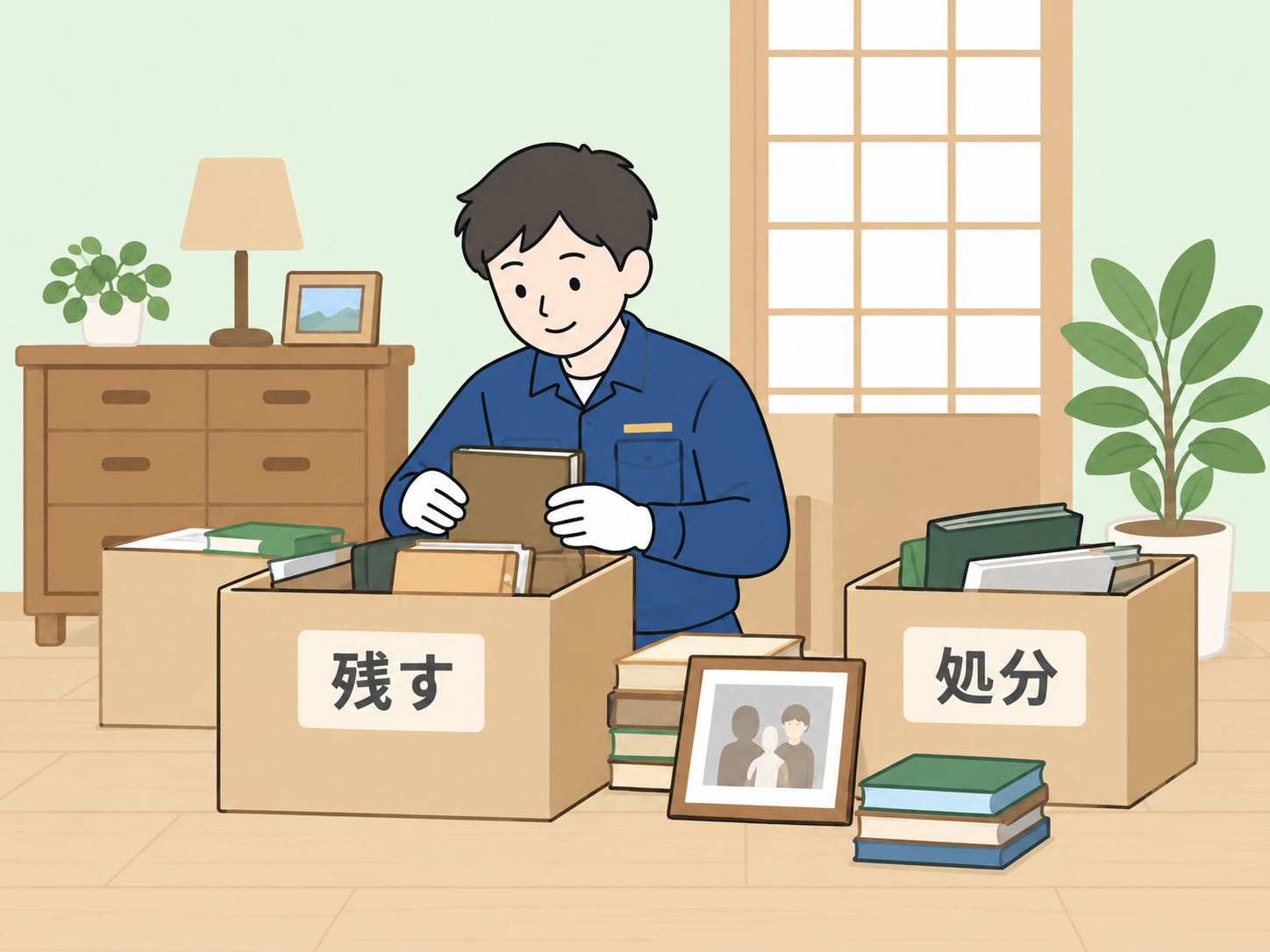 「残す」「処分」の箱に家財を仕分けるスタッフ