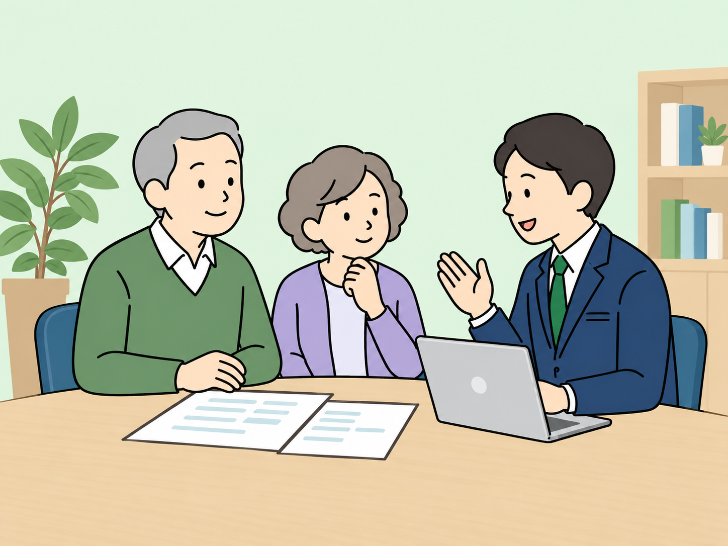 ご夫婦と担当者が資料を見ながら相談している様子