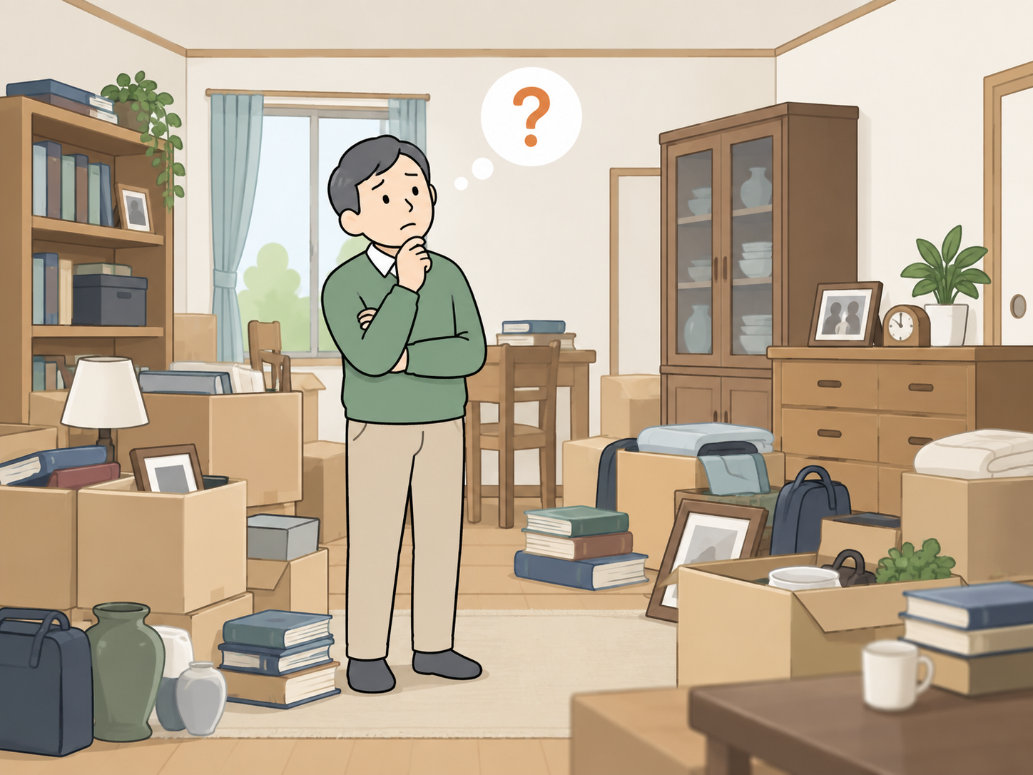 家財に囲まれてどこから手をつけるか考えている人